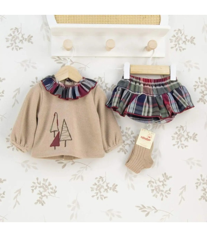 Conjunto Pololo bebé granate cuadros algodón sudadera beige bordado detalle invierno