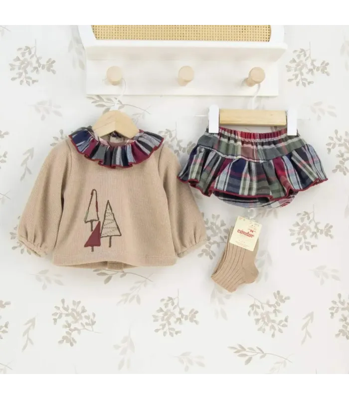 Conjunto Pololo bebé granate cuadros algodón sudadera beige bordado detalle invierno
