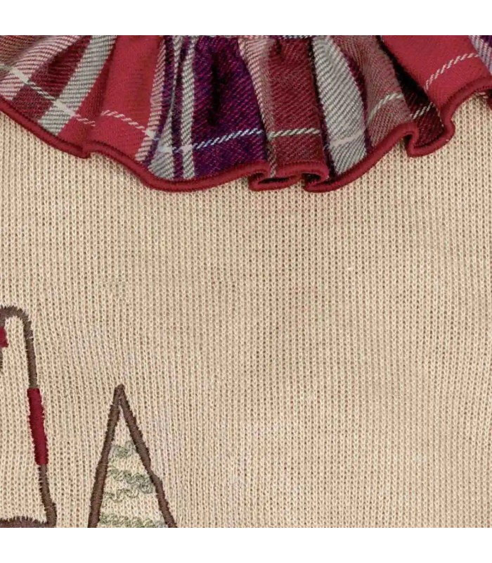 Detalles del conjunto Pololo bebé granate cuadros algodón sudadera beige bordado detalle invierno detalles