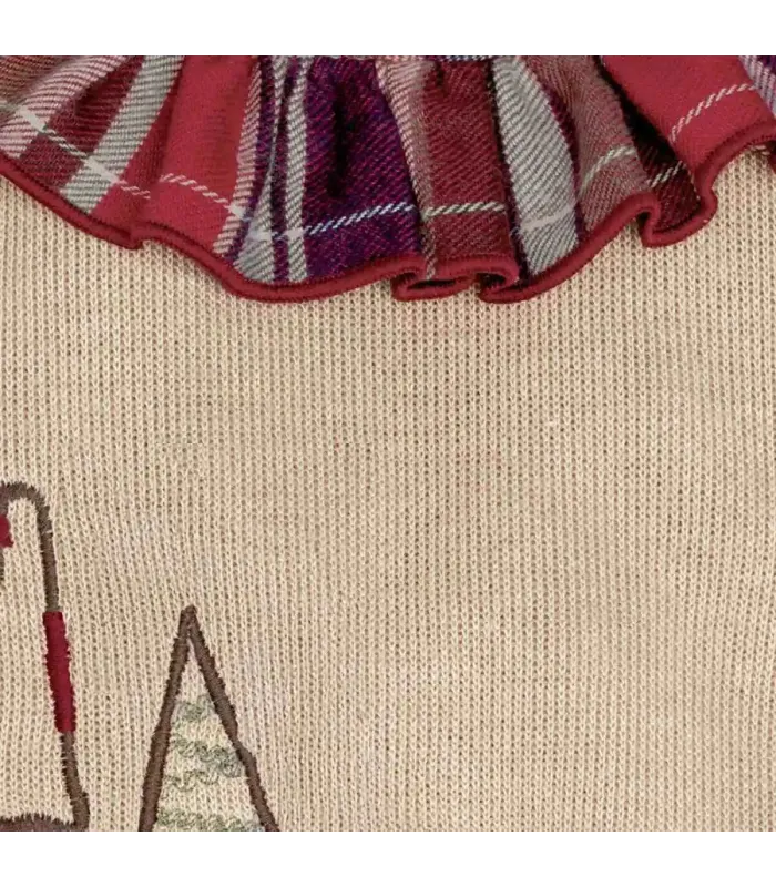 Detalles del conjunto Pololo bebé granate cuadros algodón sudadera beige bordado detalle invierno detalles