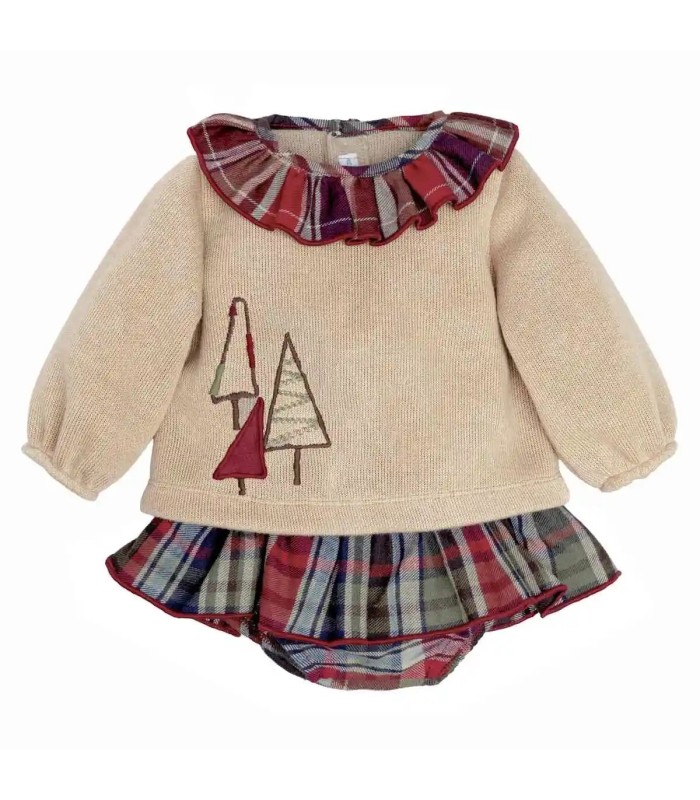 Conjunto Pololo bebé granate cuadros algodón sudadera beige bordado detalle invierno en fondo blanco