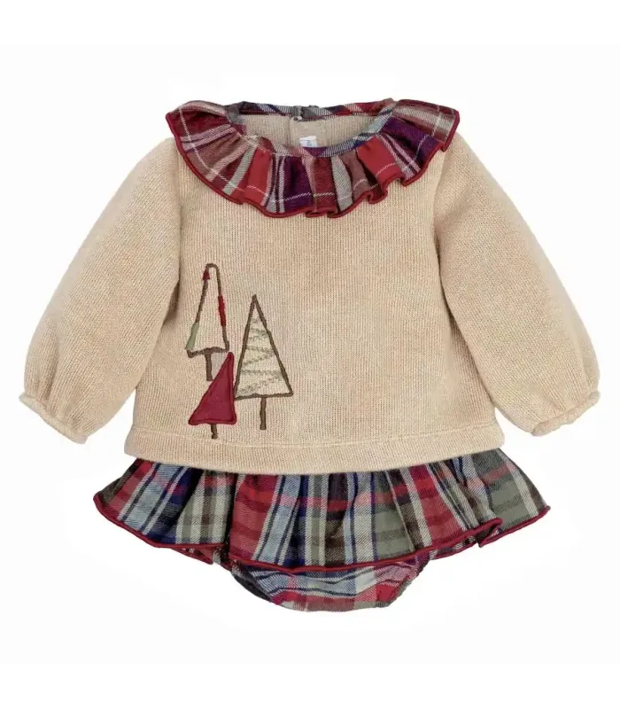 Conjunto Pololo bebé granate cuadros algodón sudadera beige bordado detalle invierno en fondo blanco
