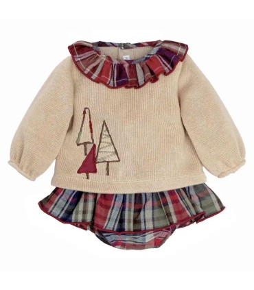 Conjunto Pololo bebé granate cuadros algodón sudadera beige bordado detalle invierno en fondo blanco