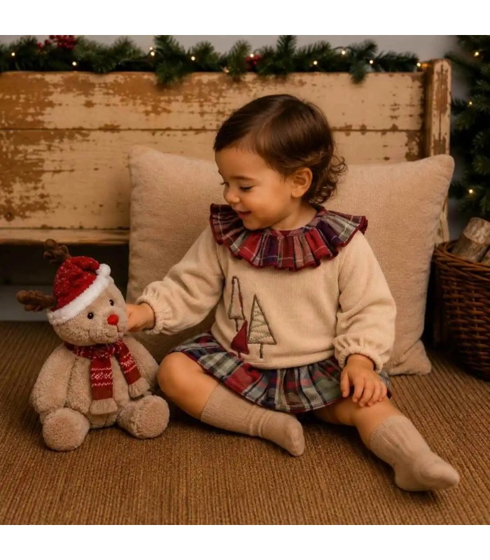 Bebé con el conjunto pololo bebé granate cuadros algodón sudadera beige bordado detalle invierno