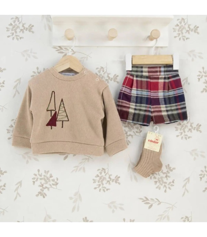 Conjunto Pololo bebé corto granate cuadros algodón sudadera beige bordado detalle invierno