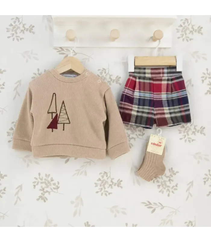 Conjunto Pololo bebé corto granate cuadros algodón sudadera beige bordado detalle invierno