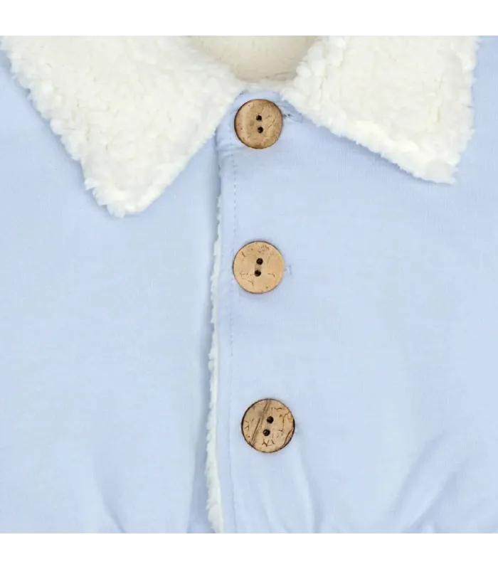 Detalles de chaqueta bebé celeste algodón suave interior borreguito botones invierno detalle tejido