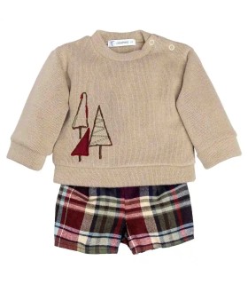 Conjunto Pololo bebé corto granate cuadros algodón sudadera beige bordado detalle invierno en fondo blanco