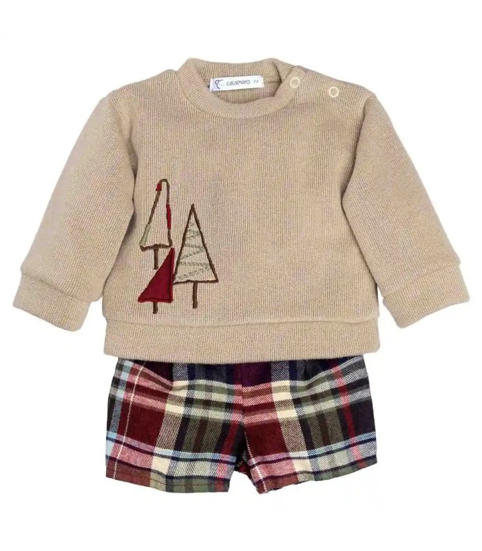 Conjunto Pololo bebé corto granate cuadros algodón sudadera beige bordado detalle invierno en fondo blanco
