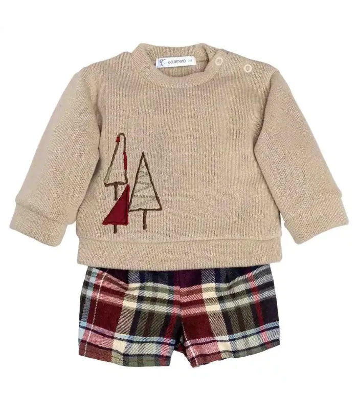 Conjunto Pololo bebé corto granate cuadros algodón sudadera beige bordado detalle invierno en fondo blanco