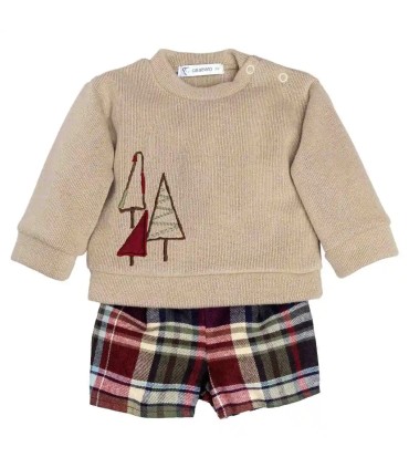 Conjunto Pololo bebé corto granate cuadros algodón sudadera beige bordado detalle invierno en fondo blanco