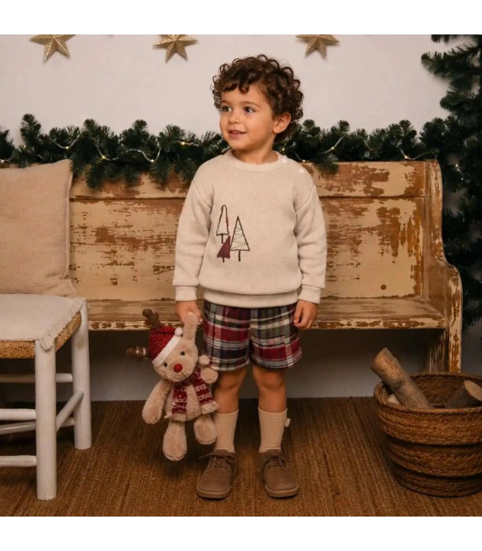 Niño con conjunto pololo bebé corto granate cuadros algodón sudadera beige bordado detalle invierno