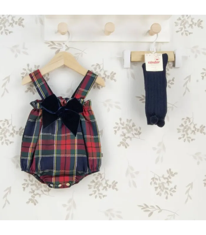 Peto Bebé Marino Tartán cuadros algodón tirantes cruzados lazo elegante invierno