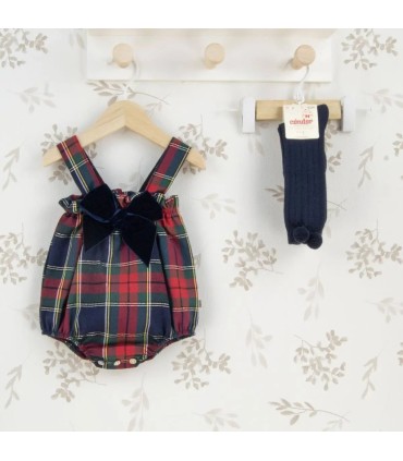 Peto Bebé Marino Tartán cuadros algodón tirantes cruzados lazo elegante invierno