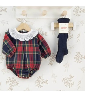 Pelele Bebé Marino Tartán algodón cuello fruncido blanco mangas largas elegante invierno
