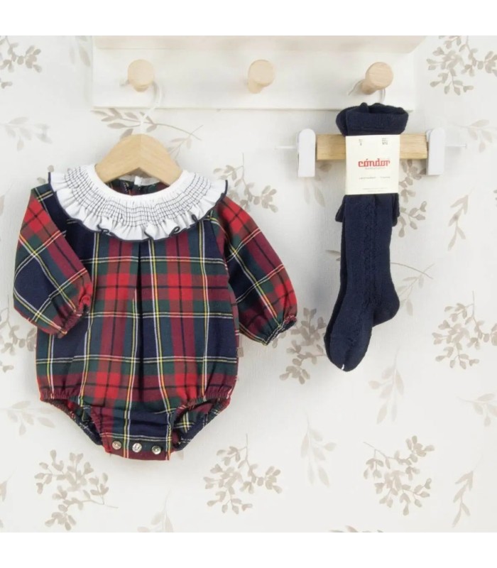 Pelele Bebé Marino Tartán algodón cuello fruncido blanco mangas largas elegante invierno