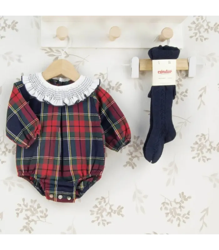 Pelele Bebé Marino Tartán algodón cuello fruncido blanco mangas largas elegante invierno