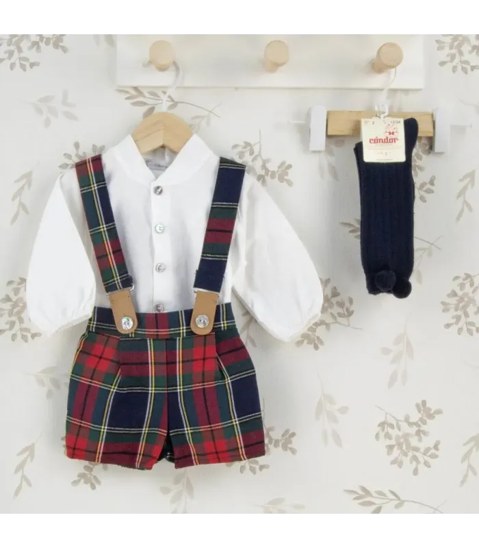 Conjunto Pololo marino tirantes bebé tartán algodón camisa blanca botones delantero elegante invierno
