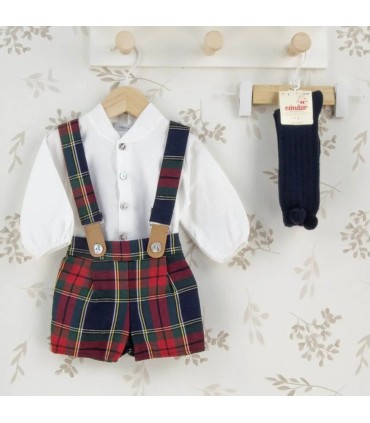 Conjunto Pololo marino tirantes bebé tartán algodón camisa blanca botones delantero elegante invierno