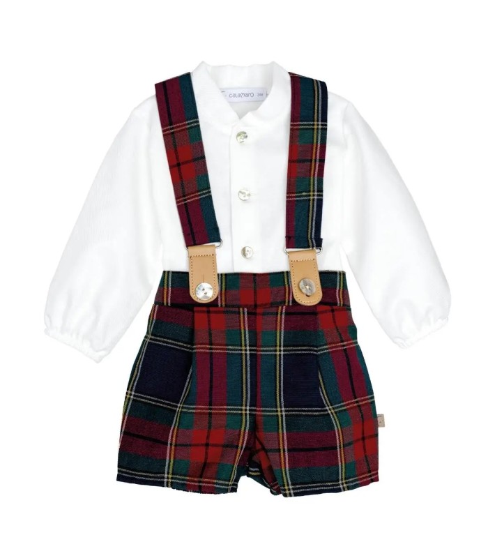 Conjunto Pololo marino tirantes bebé tartán algodón camisa blanca botones delantero elegante invierno en fondo blanco