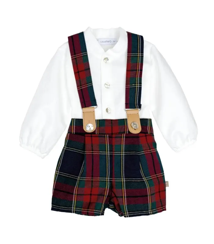 Conjunto Pololo marino tirantes bebé tartán algodón camisa blanca botones delantero elegante invierno en fondo blanco