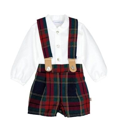 Conjunto Pololo marino tirantes bebé tartán algodón camisa blanca botones delantero elegante invierno en fondo blanco