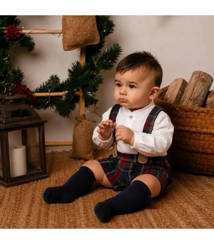 Bebé con el Conjunto Pololo marino tirantes bebé tartán algodón camisa blanca botones delantero elegante invierno