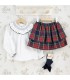 Conjunto falda niña marino tartán algodón blusa blanca cuello fruncido falda vuelo elegante invierno