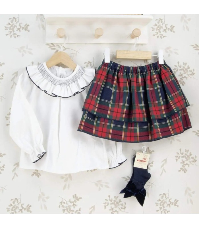 Conjunto falda niña marino tartán algodón blusa blanca cuello fruncido falda vuelo elegante invierno