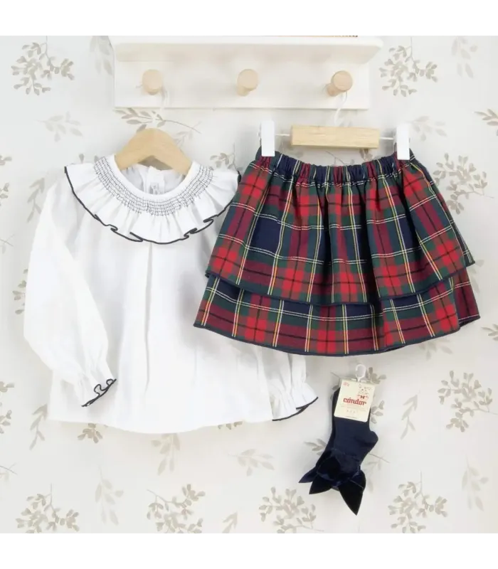 Conjunto falda niña marino tartán algodón blusa blanca cuello fruncido falda vuelo elegante invierno