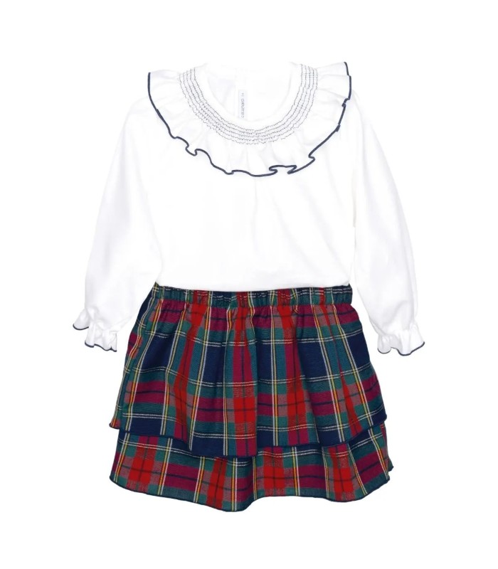 Conjunto falda niña marino tartán algodón blusa blanca cuello fruncido falda vuelo elegante invierno en fondo blanco