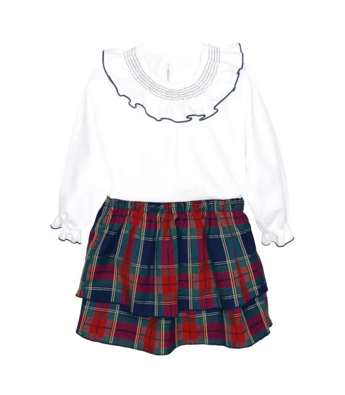 Conjunto falda niña marino tartán algodón blusa blanca cuello fruncido falda vuelo elegante invierno en fondo blanco