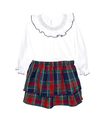 Conjunto falda niña marino tartán algodón blusa blanca cuello fruncido falda vuelo elegante invierno en fondo blanco