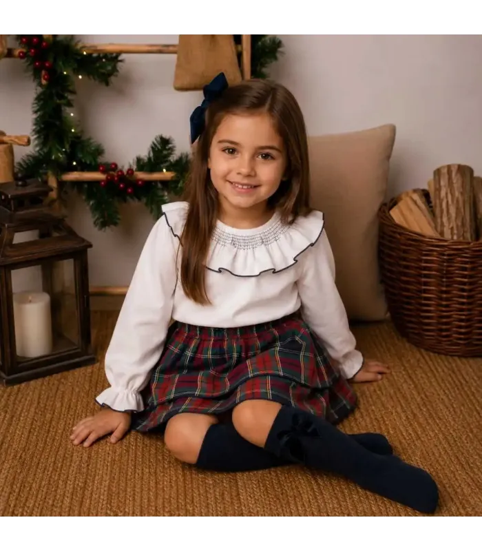 Niña con el conjunto falda niña marino tartán algodón blusa blanca cuello fruncido falda vuelo elegante invierno