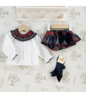 Conjunto Pololo Marino bebé tartán algodón blusa blanca cuello fruncido lazo elegante invierno