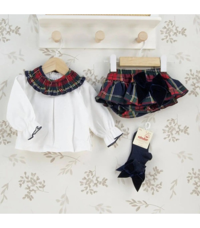 Conjunto Pololo Marino bebé tartán algodón blusa blanca cuello fruncido lazo elegante invierno