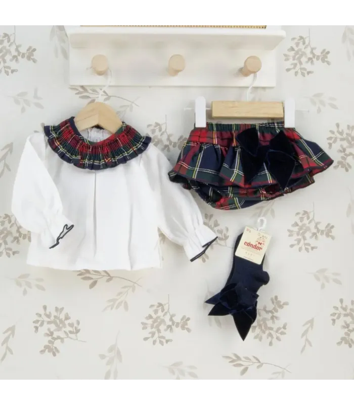 Conjunto Pololo Marino bebé tartán algodón blusa blanca cuello fruncido lazo elegante invierno