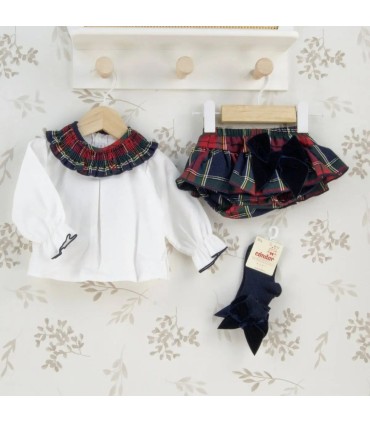 Conjunto Pololo Marino bebé tartán algodón blusa blanca cuello fruncido lazo elegante invierno