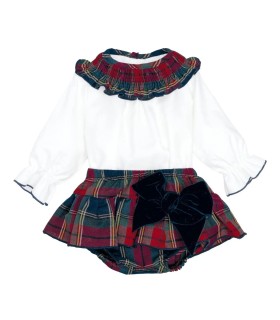 Conjunto Pololo Marino bebé tartán algodón blusa blanca cuello fruncido lazo elegante invierno en fondo blanco