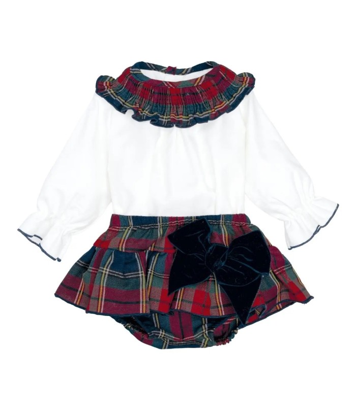 Conjunto Pololo Marino bebé tartán algodón blusa blanca cuello fruncido lazo elegante invierno en fondo blanco
