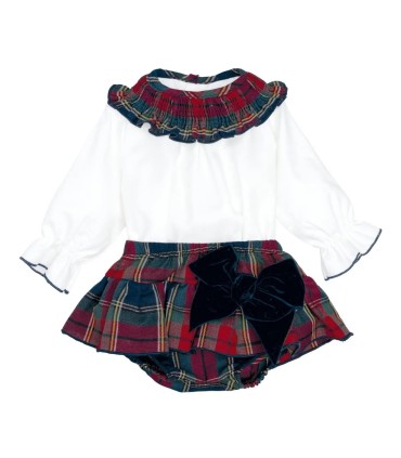 Conjunto Pololo Marino bebé tartán algodón blusa blanca cuello fruncido lazo elegante invierno en fondo blanco