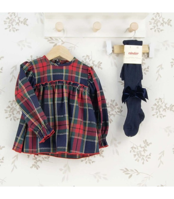 Vestido Niña Marino Tartán algodón manga larga fruncido elegante invierno cuadros