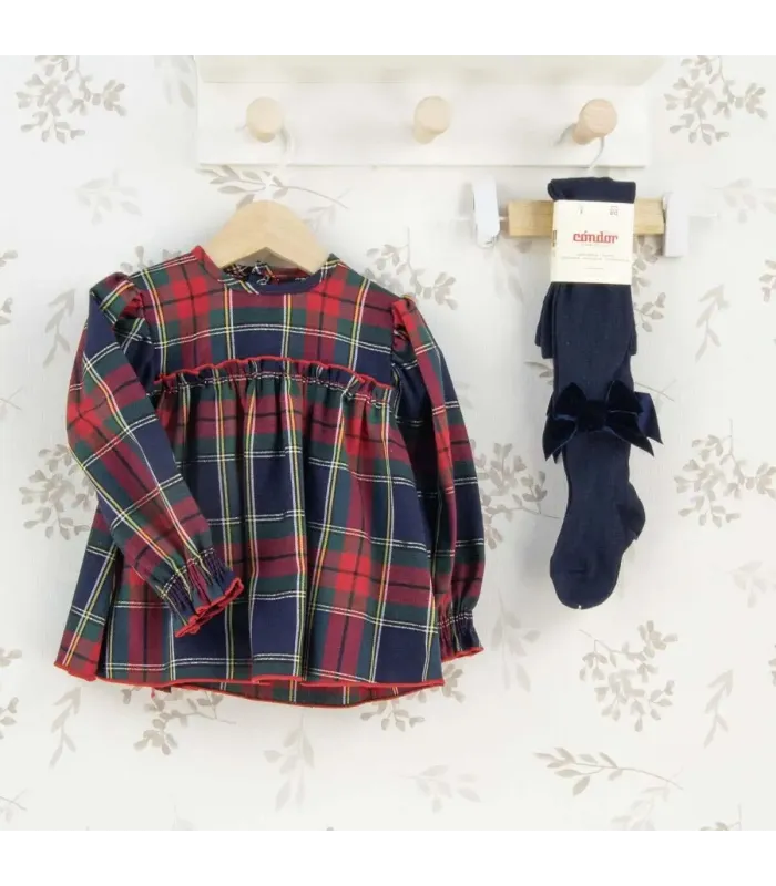 Vestido Niña Marino Tartán algodón manga larga fruncido elegante invierno cuadros