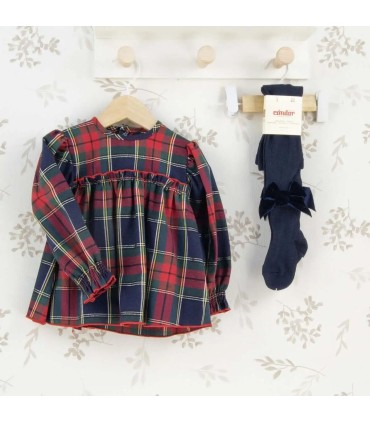 Vestido Niña Marino Tartán algodón manga larga fruncido elegante invierno cuadros