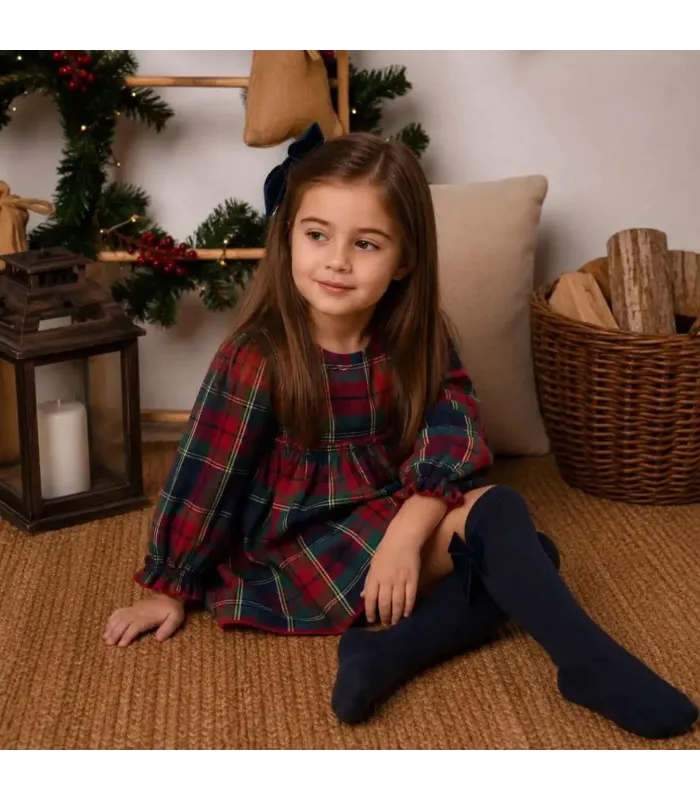 Niña con el Vestido Niña Marino Tartán algodón manga larga fruncido elegante invierno cuadros
