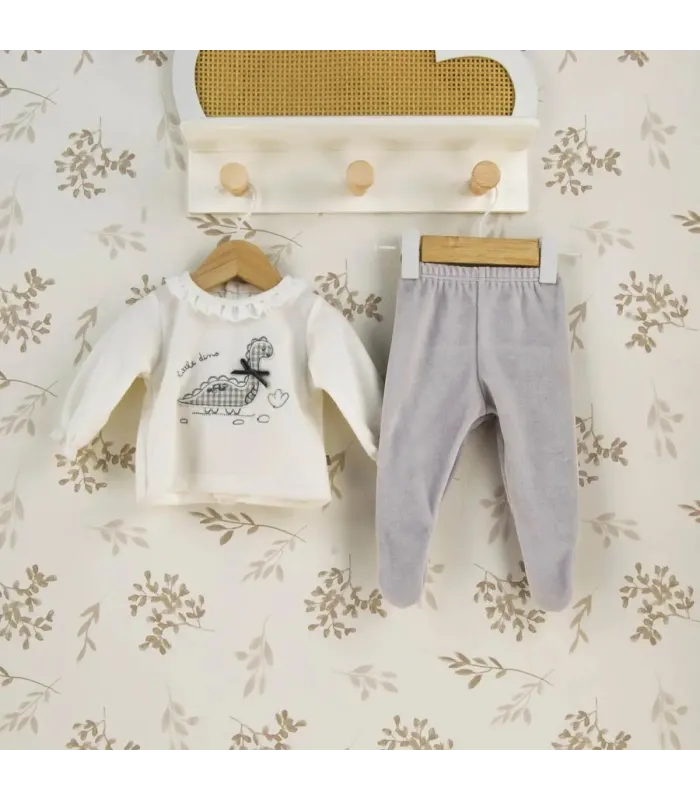 Conjunto Polaina bebé gris dibujo dinosaurio infantil textura suave invierno