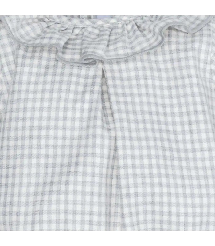 Detalles del pelele bebé gris vichy algodón cuello volante textura suave ligero elegante clásico