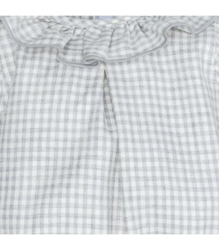Detalles del pelele bebé gris vichy algodón cuello volante textura suave ligero elegante clásico