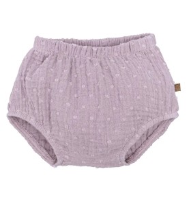 Pololo Bebé Malva algodón bambula fruncido cintura elástica volumen suave bebé en fondo blanco