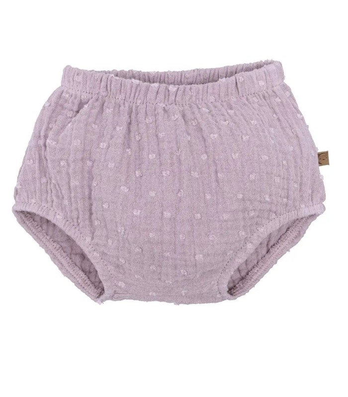 Pololo Bebé Malva algodón bambula fruncido cintura elástica volumen suave bebé en fondo blanco